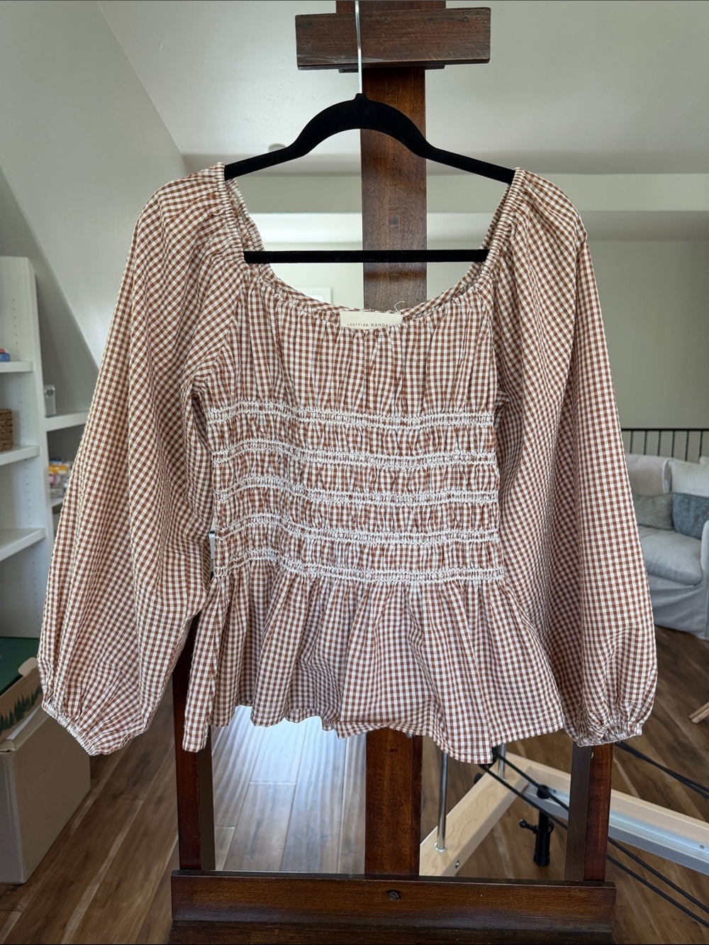 Loeffler Randall Burnt Orange Gingham Smocked  Blouse